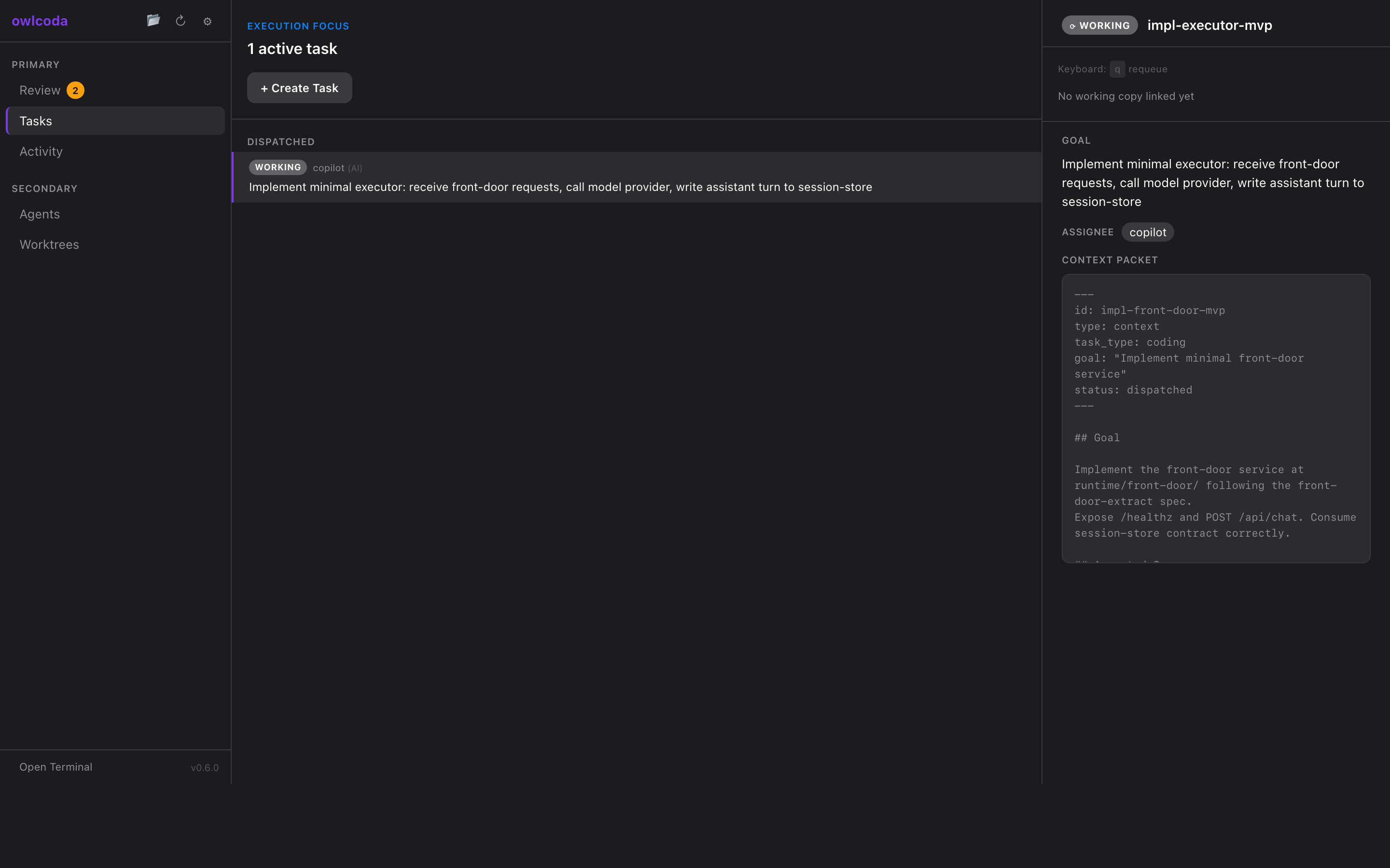 owlcoda desktop app showing a dispatched task with context packet, agent assignment, and execution status