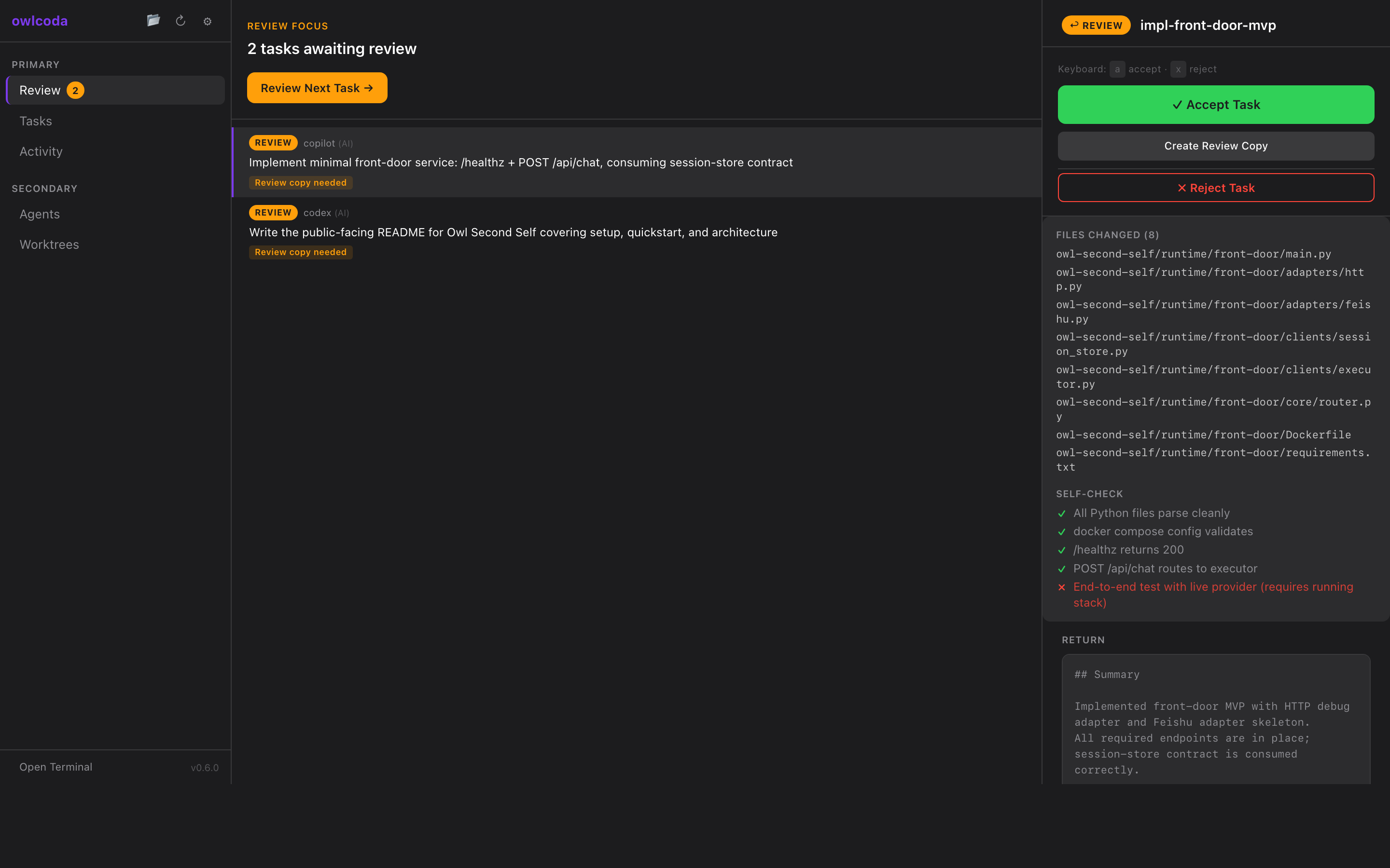 owlcoda review surface showing returned tasks, structured return document with files changed and executor self-check